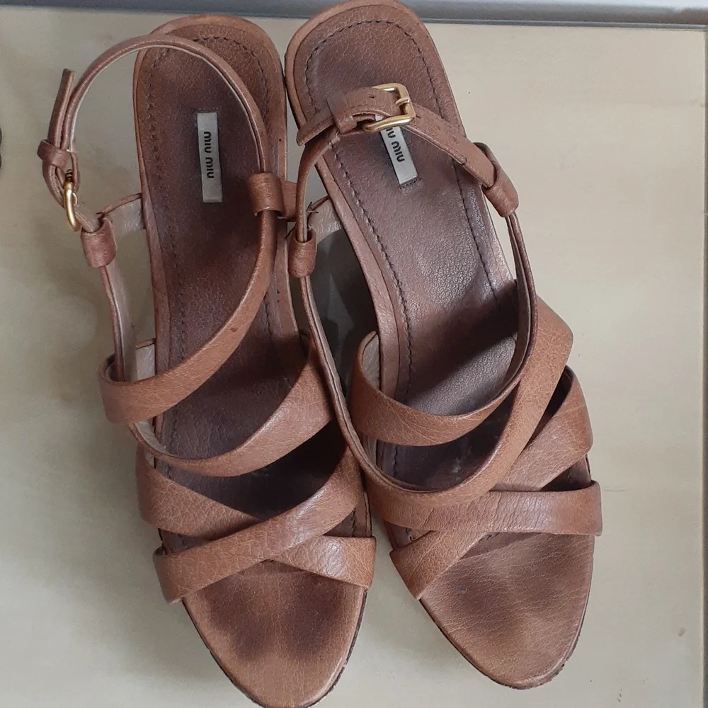 Miu Miu Leather Platform Sandals Shoes Heels Wedge Tan 41